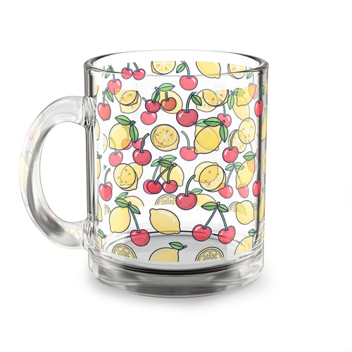 10oz Lemon & Cherry Glass Mug – Clear Fruity Pattern Coffee Cup